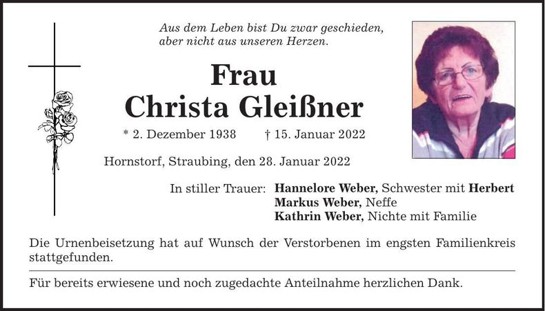 Traueranzeige Christa Gleißner