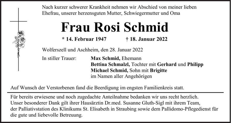 Traueranzeige Rosi Schmid