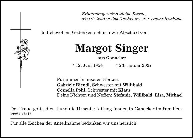 Traueranzeige Margot Singer