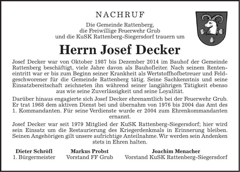 Traueranzeige Josef Decker