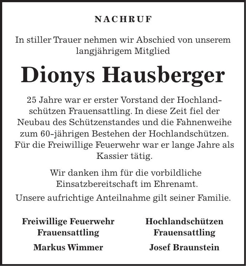 Traueranzeige Dionys Hausberger