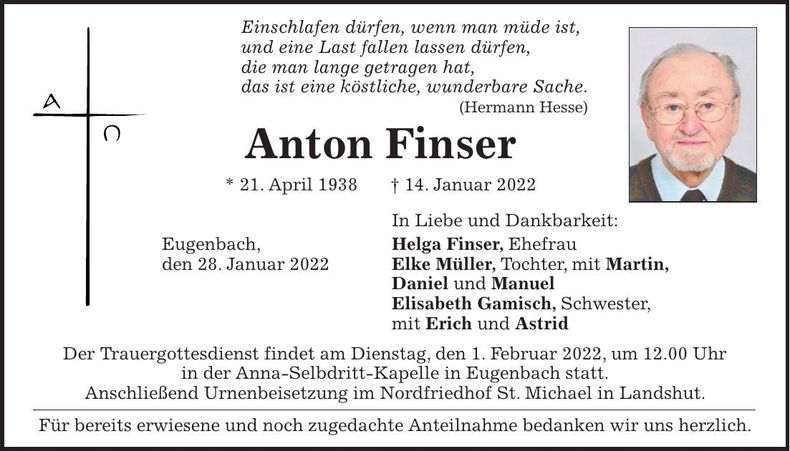 Traueranzeige Anton Finser