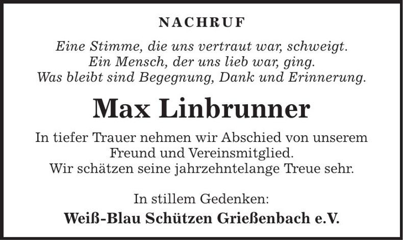 Traueranzeige Max Linbrunner