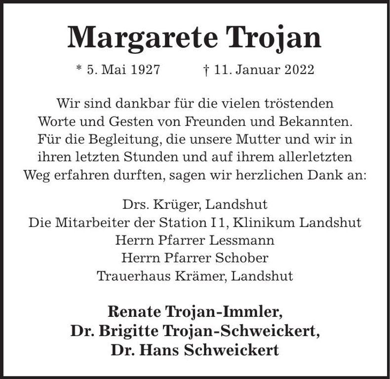 Traueranzeige Margarete Trojan
