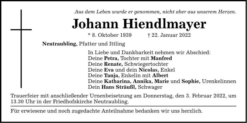 Traueranzeige Johann Hiendlmayer