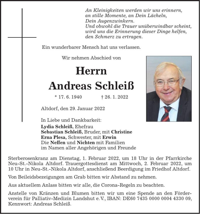 Traueranzeige Andreas Schleiß