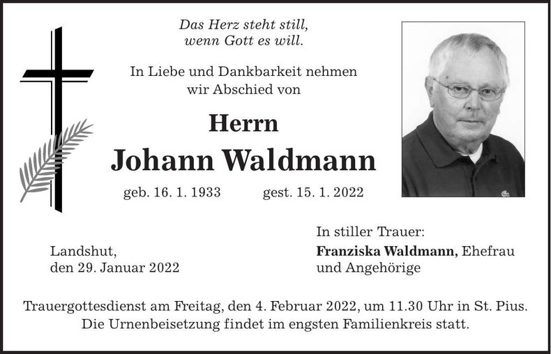Traueranzeige Johann Waldmann