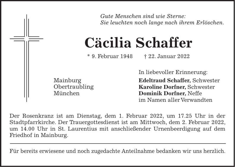 Traueranzeige Cäcilia Schaffer