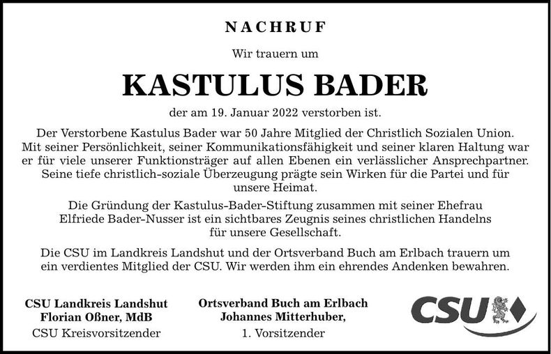 Traueranzeige Katulus Bader