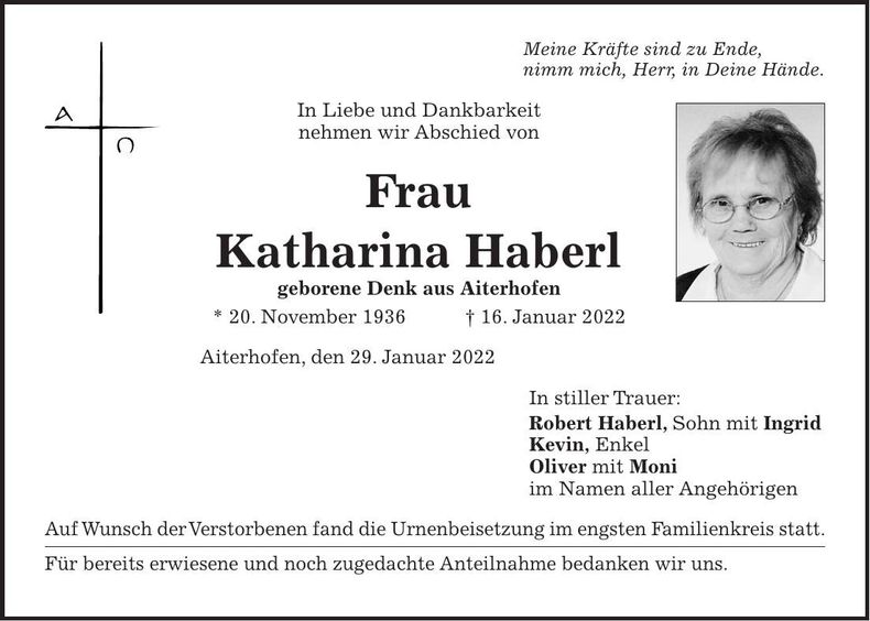 Traueranzeige Katharina Haberl
