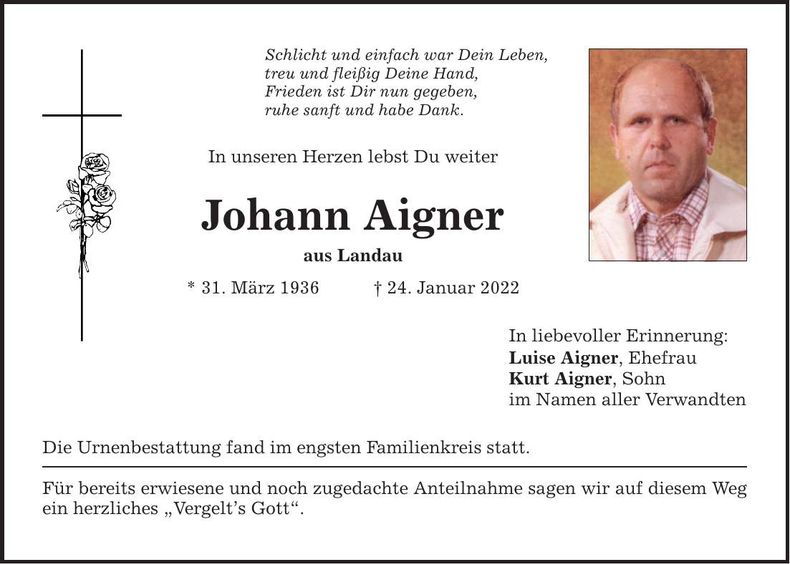 Traueranzeige Johann Aigner