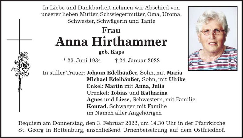 Traueranzeige Anna Hirthammer