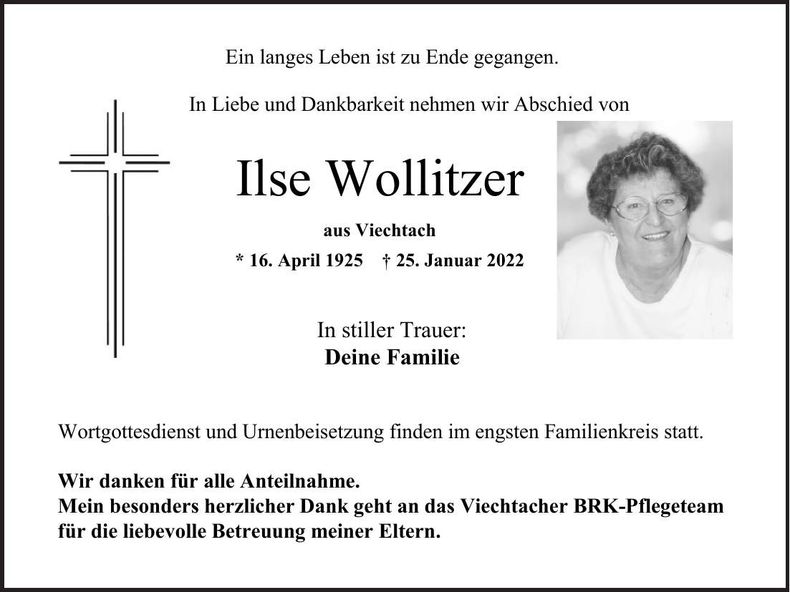Traueranzeige Ilse Wollitzer