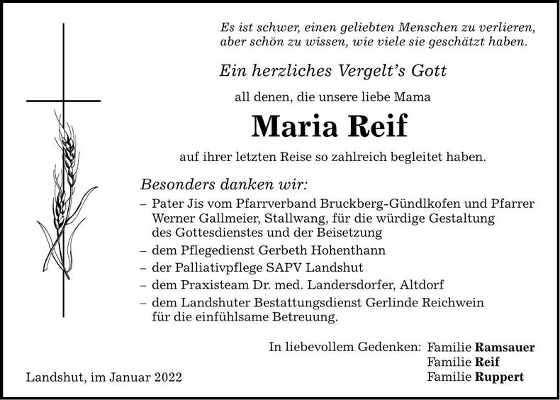 Traueranzeige Maria Reif