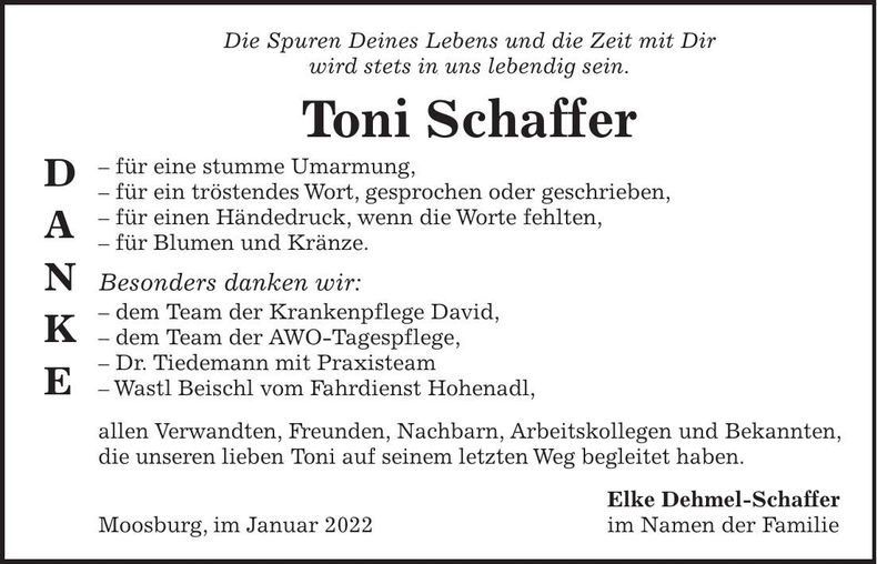 Traueranzeige Toni Schaffer