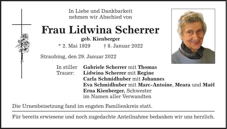 Traueranzeige Lidwina Scherrer