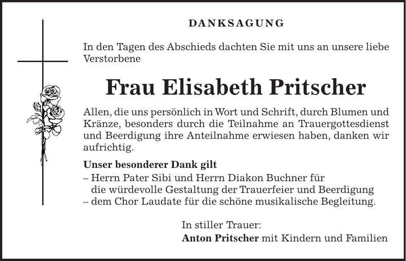 Traueranzeige Elisabeth Pritscher