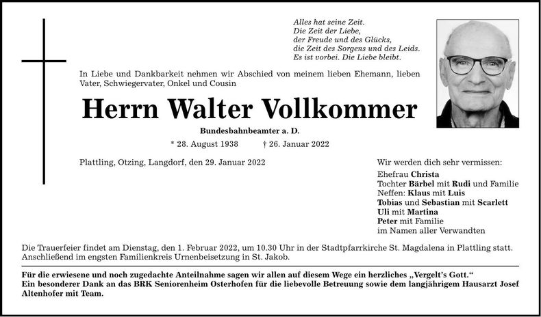 Traueranzeige Walter Vollkommer