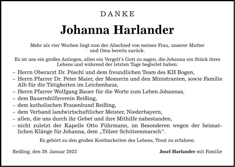 Traueranzeige Johanna Harlander