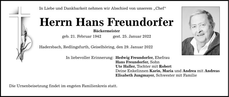 Traueranzeige Hans Freundorfer
