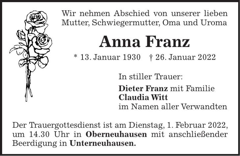 Traueranzeige Anna Franz