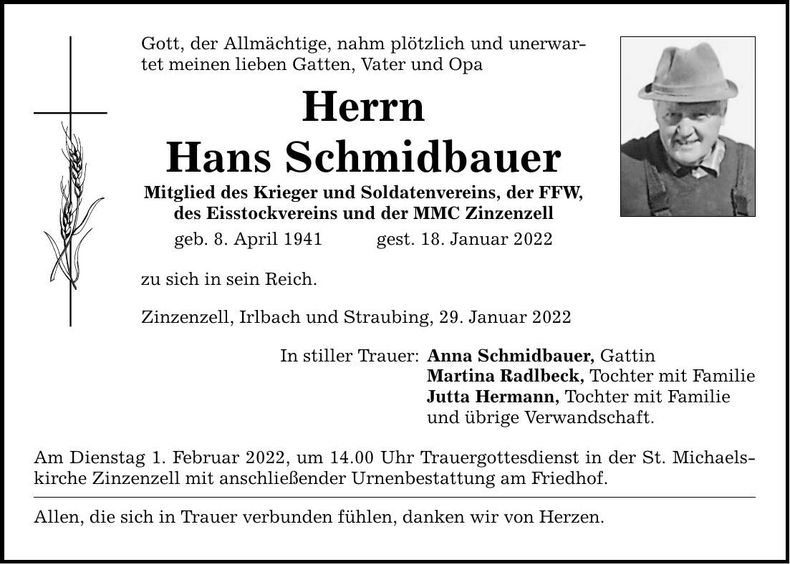 Traueranzeige Hans Schmidbauer