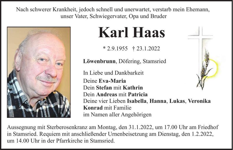 Traueranzeige Karl Haas