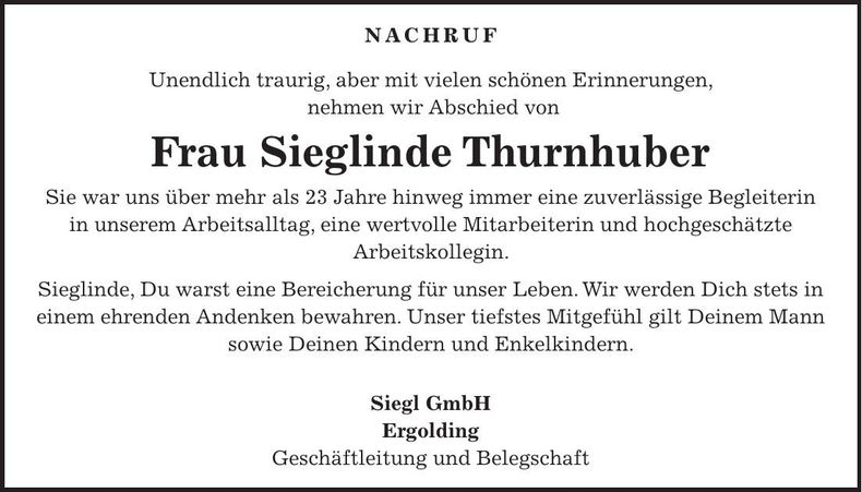 Traueranzeige Sieglinde Thurnhuber