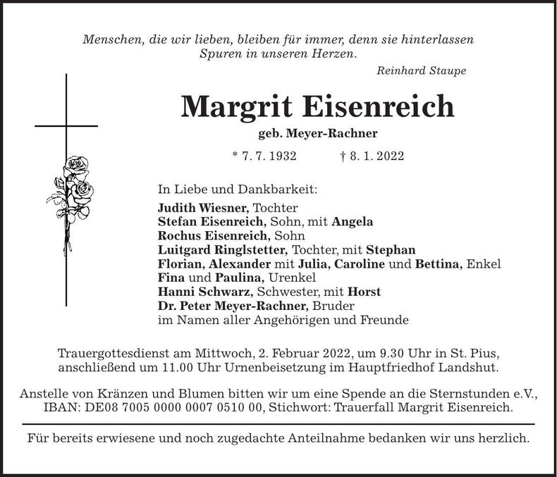 Traueranzeige Margrit Eisenreich