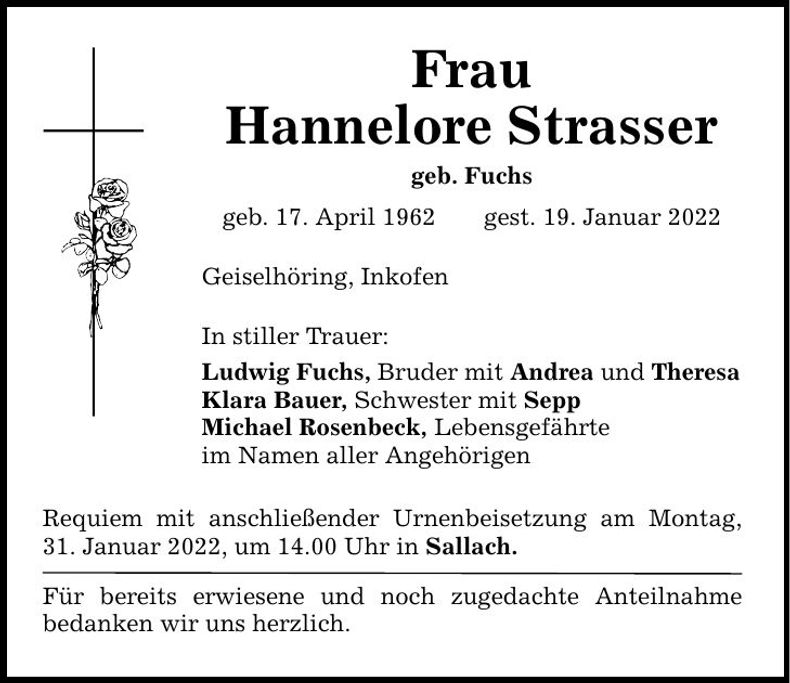 Traueranzeige Hannelore Strasser