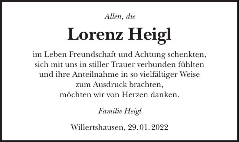 Traueranzeige Lorenz Heigl