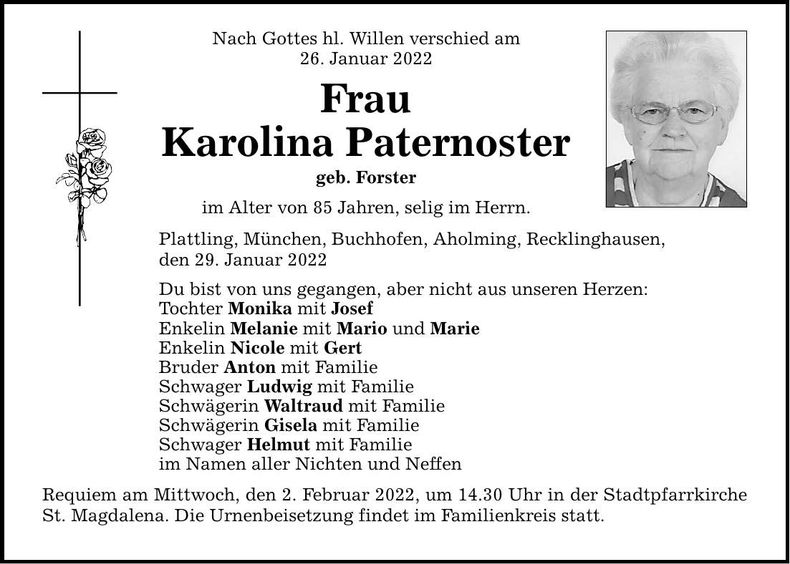 Traueranzeige Karolina Paternoster