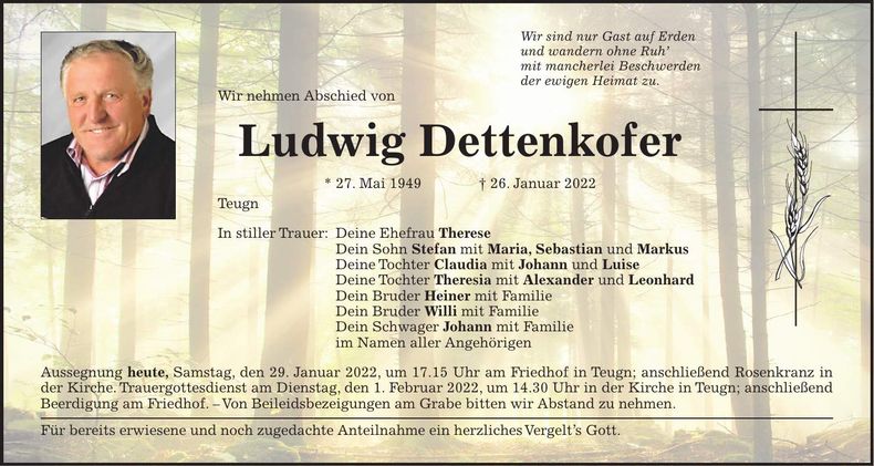 Traueranzeige Ludwig Dettenkofer