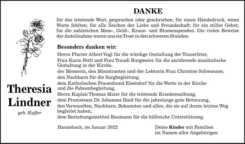 Traueranzeige Theresia Lindner
