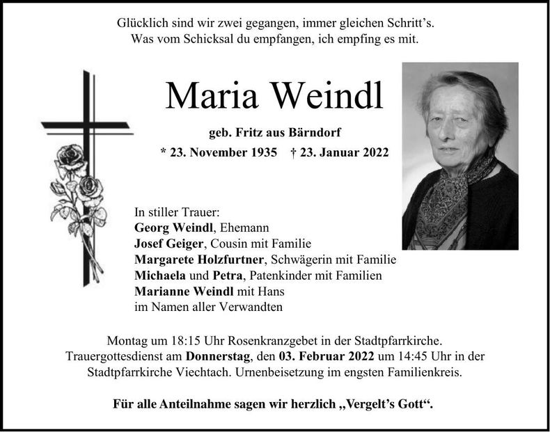 Traueranzeige Maria Weindl