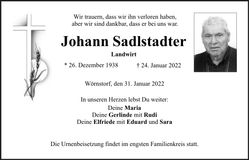 Traueranzeige Johann Sadlstadter