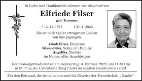 Traueranzeige Elfriede Filser