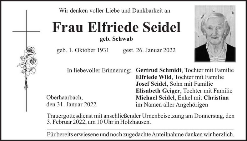 Traueranzeige Elfriede Seidel