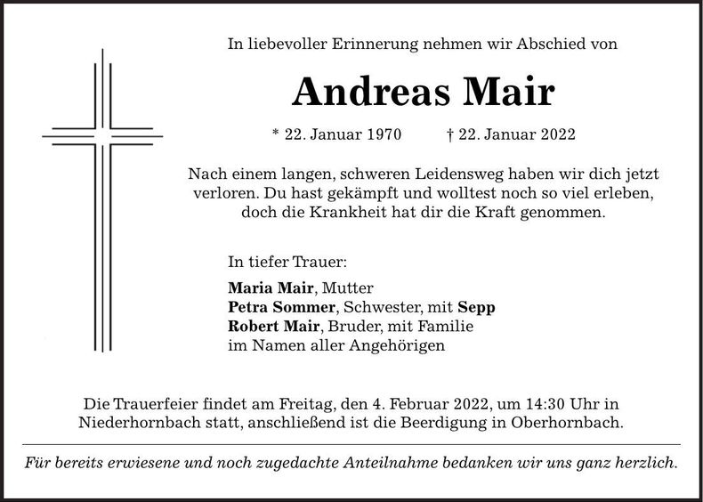 Traueranzeige Andreas Mair