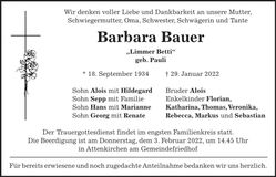 Traueranzeige Barbara Bauer