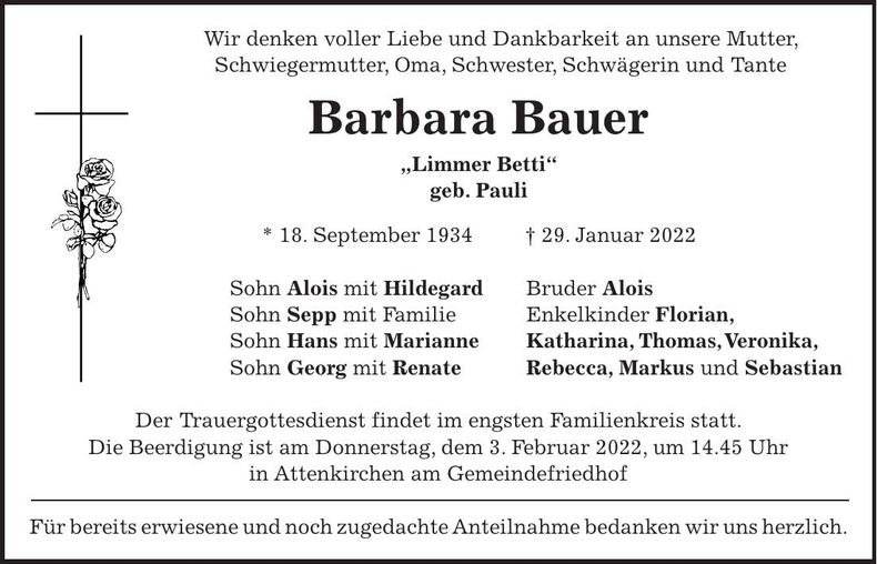 Traueranzeige Barbara Bauer