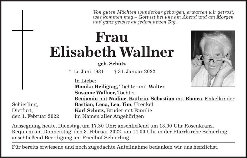 Traueranzeige Elisabeth Wallner