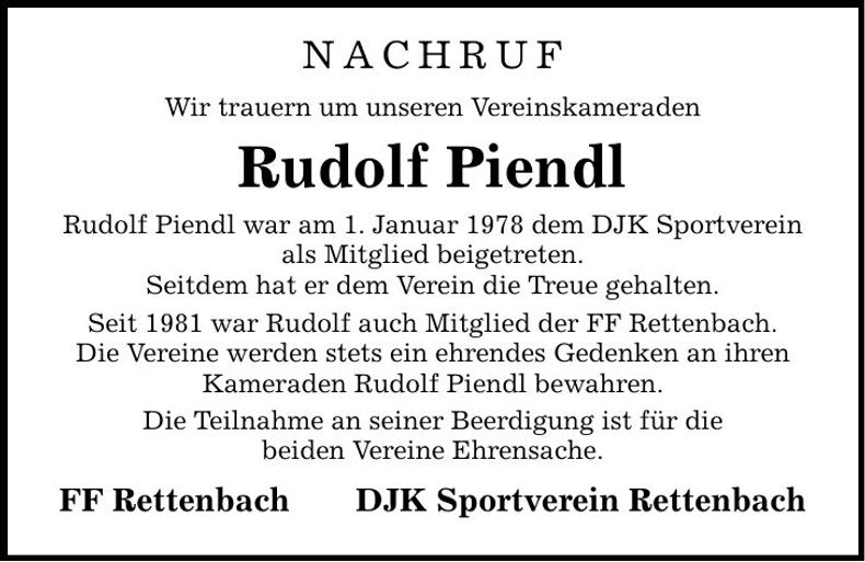 Traueranzeige Rudolf Piendl