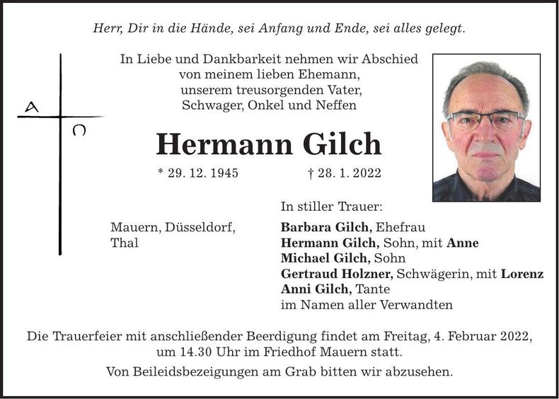 Traueranzeige Hermann Gilch
