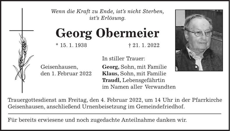 Traueranzeige Georg Obermeier