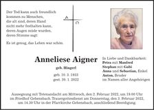 Traueranzeige Anneliese Aigner