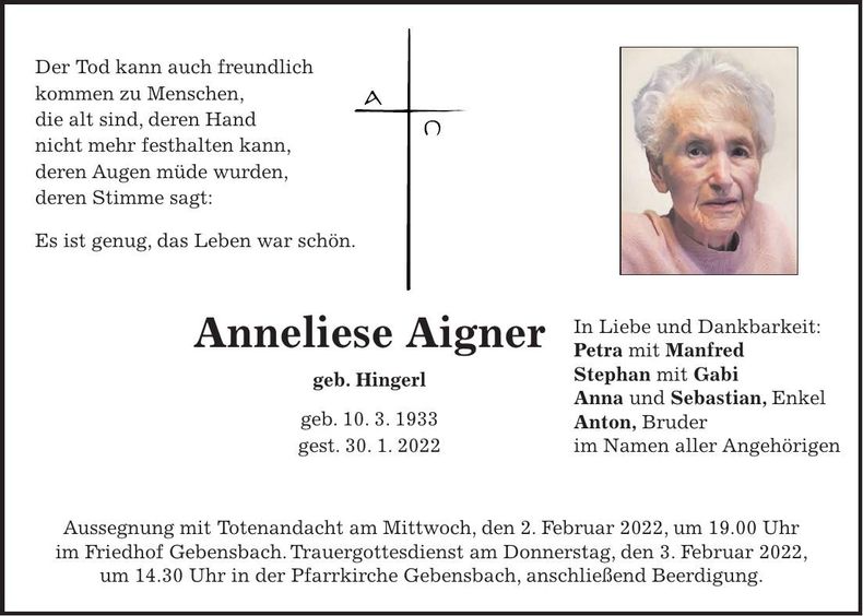 Traueranzeige Anneliese Aigner