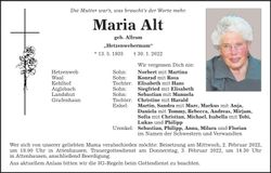 Traueranzeige Maria Alt