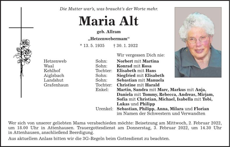 Traueranzeige Maria Alt