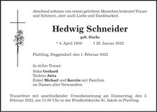 Traueranzeige Hedwig Schneider